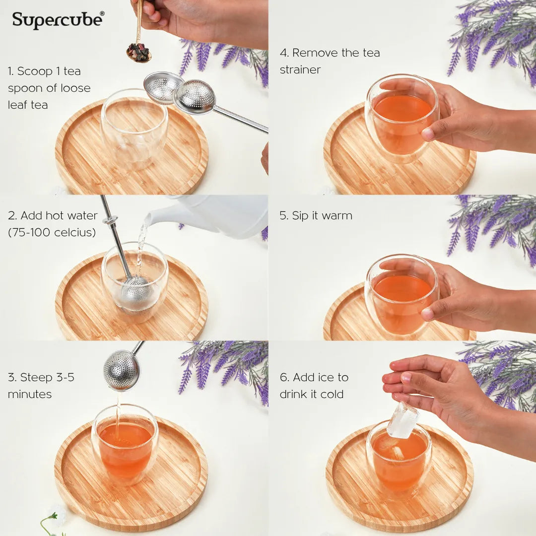 Step by step guide to brew Supercube loose leaf tea hot or iced using a tea strainer