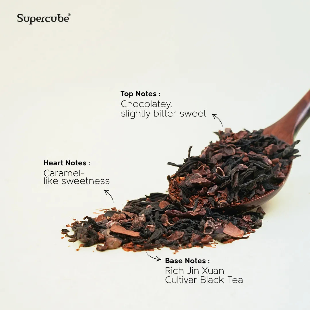Chocolate Caramel Black Tea loose leaves on a wooden spoon showing chocolate, caramel and Jin Xuan black tea tasting notes